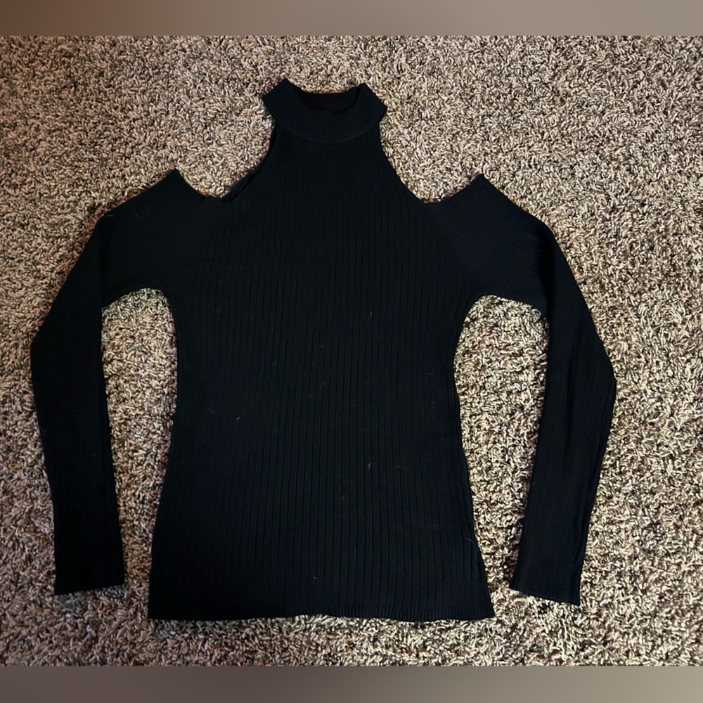 Black Ribbed Cold Shoulder Sweater